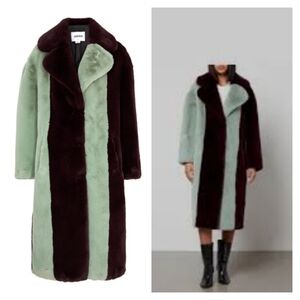 Jakke Katie Striped Faux Fur Long Coat Burgundy And Mint Stripe Msrp $799